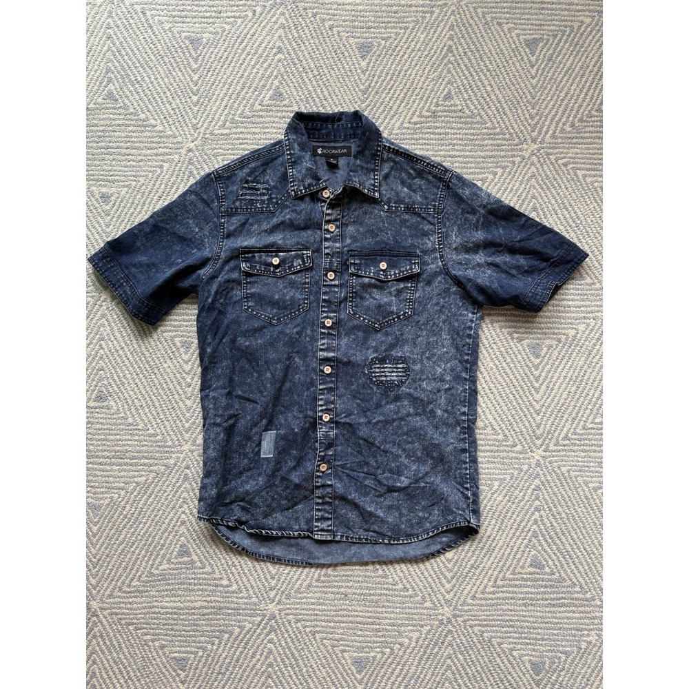 Rocawear Short Sleeve Denim Button Shirt - Blue - Medium